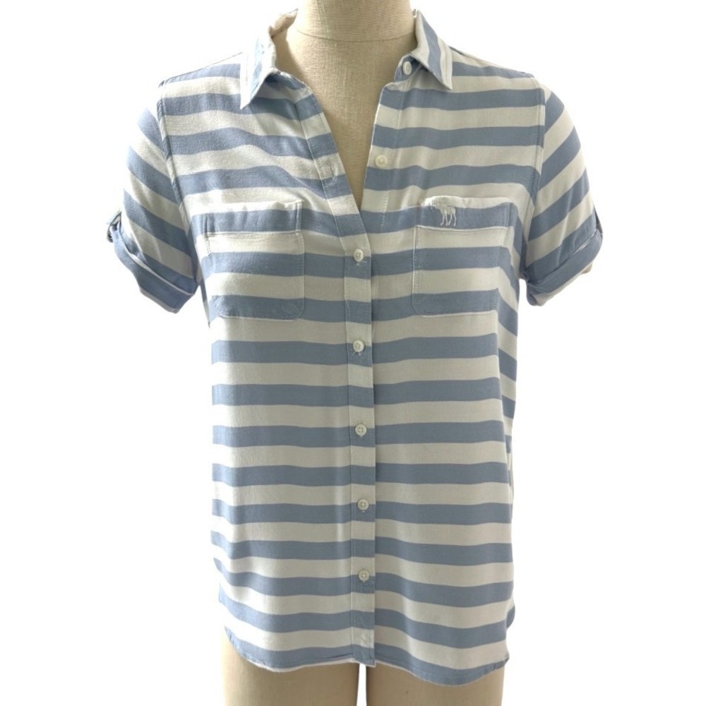 Abercrombie Kids Shirt Size 15/16 Blue White Striped Coastal Roll Tab Sleeve Top